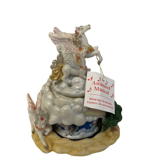 Vintage Pegasus Unicorn Animated Musical Figurine Wind-Up Music Box Ceramic & - Picture 3 of 12